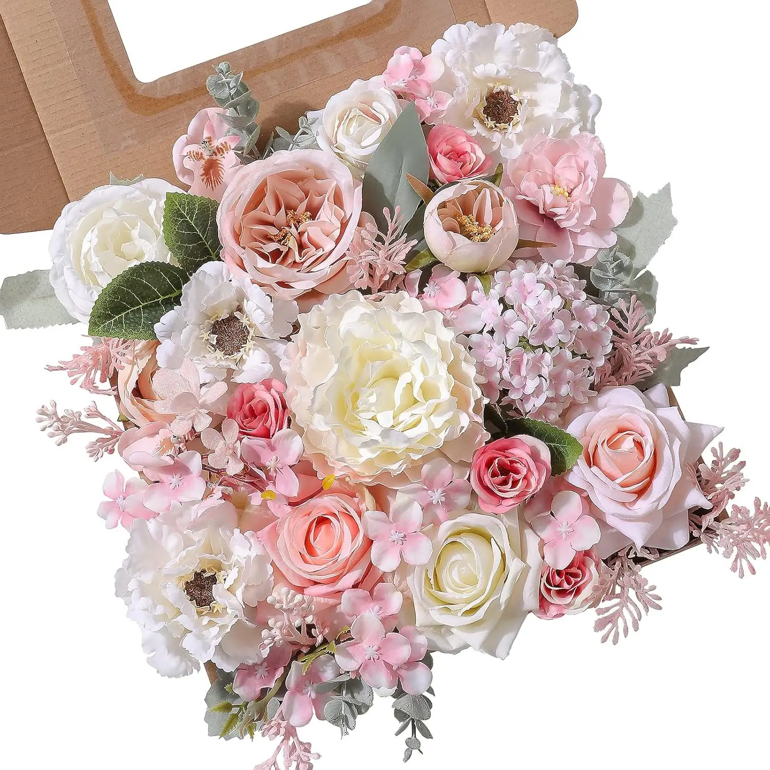 Synthetic Foam Silk-Mix Peony, Hydrangea, Phalaenopsis x2 & Eucalyptus Leaf Ornaments Multi-Piece Pack - Handmade Bendable-Stem Decorative Plants for DIY Wedding Bouquets, Home Decor (Dark Pink-White) - Home Improvement Gift, Flower, Multiple Pieces