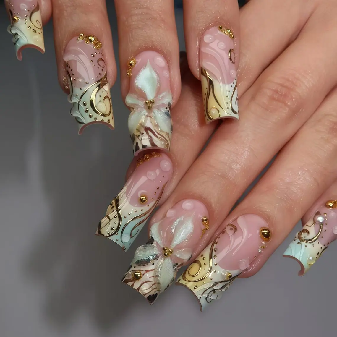 Custom Press on Nails Tropical Flower Green Pink Nails–3D Blooms, Dew Drops, Nature-Inspired Nail Art, Vibrant Summer Manicure with Sparkle