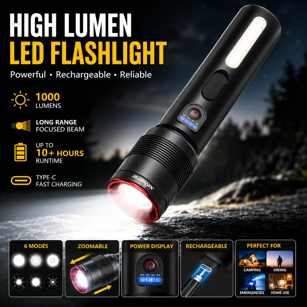 Powerful Rechargeable LED Flashlight – High-Lumen Long-Range Beam, 6 Lighting Modes, Zoomable Focus, Power Display & Long Runtime for Camping, Emergency and Home Use