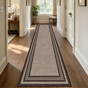 Elegant Beige & Brown Hallway Runner Rug 2.6x8 ft / 2.6x12 ft / 2.6x13 ft – Non-Slip, Low Maintenance for Entryway