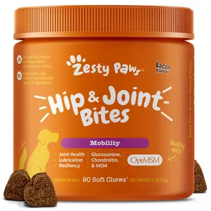 Zesty Paws Hip & Joint Mobility Bites for Dogs Natural Joint Health Supplements with OptiMSM Glucosamine & Chondroitin Sulfate 90 Soft Chews
