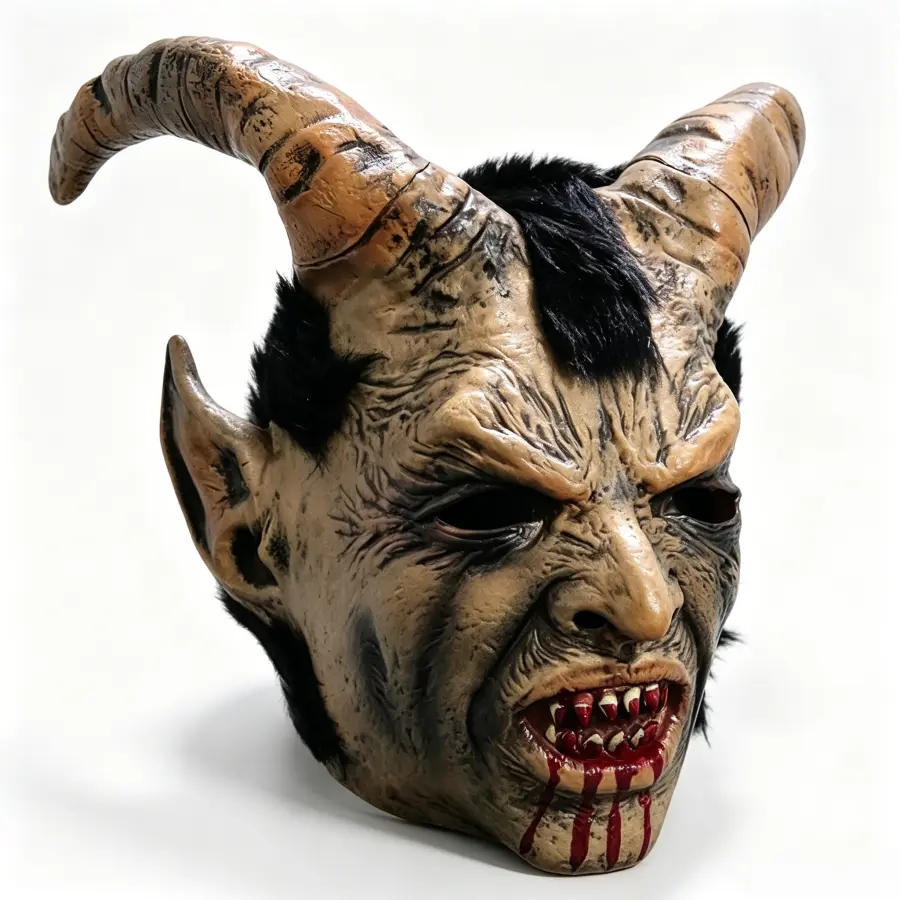 Men’s Scary Krampus Demon Latex Face Mask - Hyper Realistic Mask Design, Sheep Horns, Streak Accents, Spooky Carvings, Dark Fantasy Adult Halloween Gothic Cosplay Head Cover