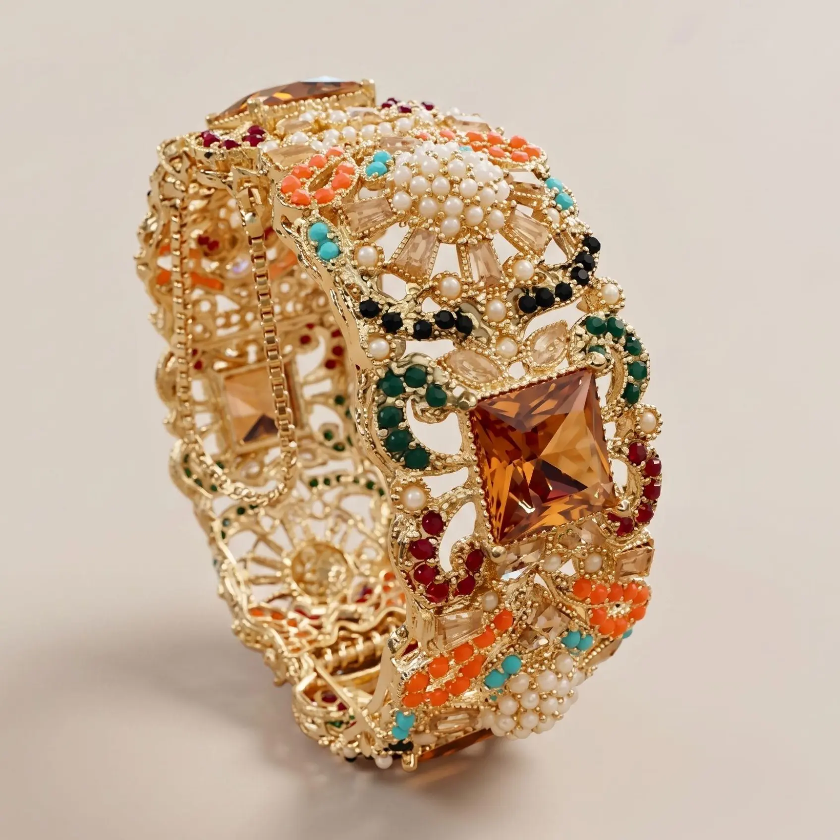 Nauratan Openable Single Bangle, Multicolor Pearl & Stone, Gold Tone Bracelet Size 2.4, 2.6, 2.8