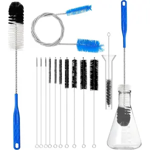 12Count Glass Tube Pipe Cleaners Brush Kit,Long Nylon Straw Brush for Glass Funnel and Bottle,17-inch Long Handle,8.2-in Different Diameters Brushes,35-in Flexible Double-Ended Hose Tool (Blue)