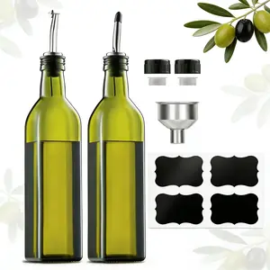 2 Count 17oz Glass Olive Oil Bottle Dispenser - 500ml Green Oil and Vinegar Cruet with Pourers and Funnel - Olive Oil Carafe Decanter for Kitchen Utensils