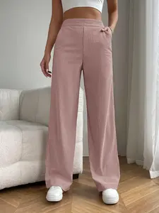 Women's Plain Pocket High Waist Pants, Casual Corduroy Wide Leg Trousers, Ladies Bottoms for Daily Wear