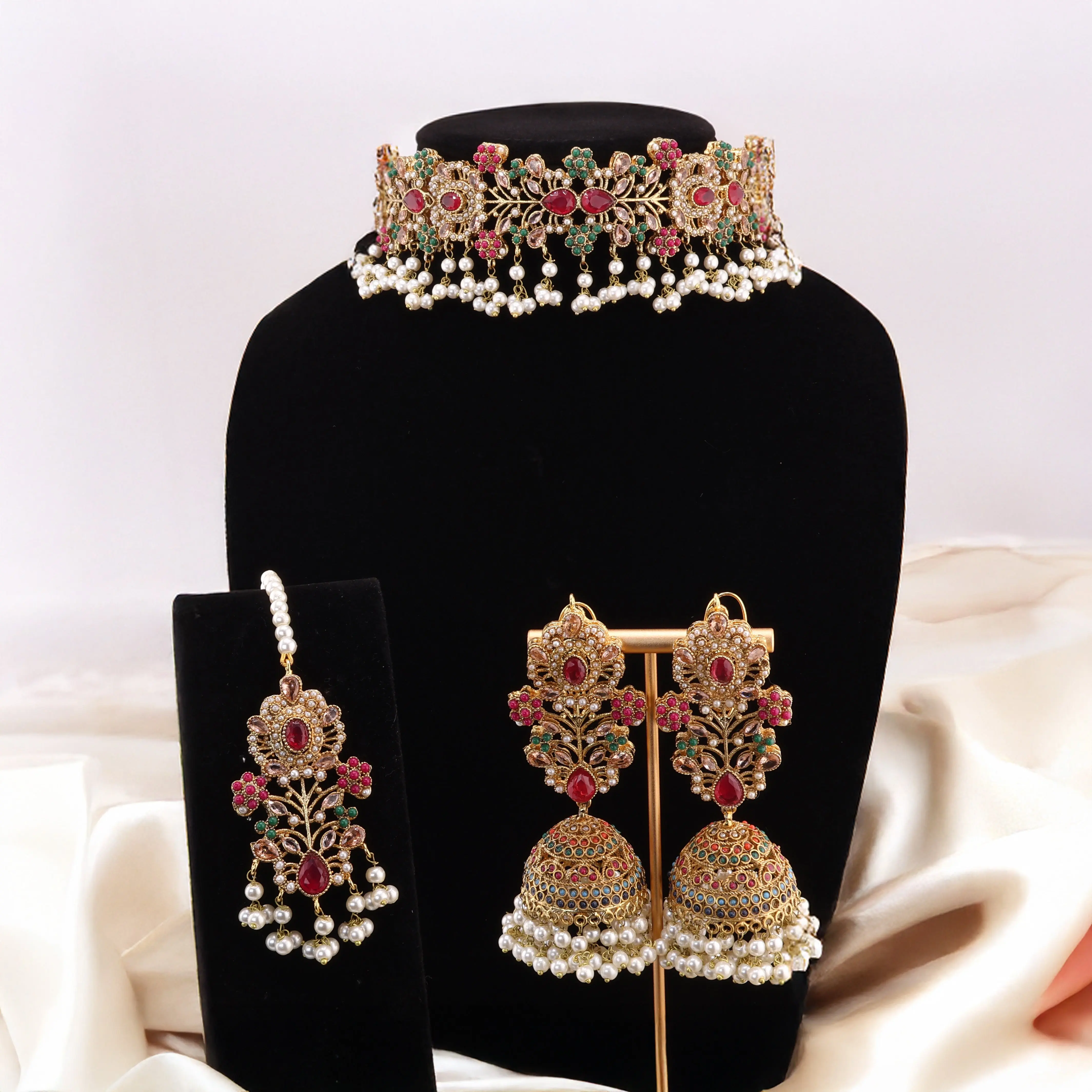 JAHANARA Multicolour & Gold Kundan Choker Set with Jhumka Earrings & Tikka | South Asian Indian Pakistani Bridal Jewelry