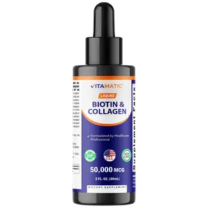 Vitamatic Liquid Biotin & Collagen Drops – 50,000 mcg – 2 fl oz Supports Healthy Hair Growth, Glowing Skin & Strong Nails – for Women and Men