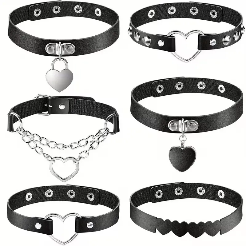 6 Pieces Black Heart Theme Leather Collar,r Adjustable PU Leather Collar Set(Black)Christmas Halloween Costume gift