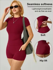 Summer Women's Two-Piece Set, Solid Color Short Sleeve Top, High Waist Slimming Shorts, Side Pockets, Ideal for Yoga, Sports, Daily Wear, Gym Sets, Sporty Chic Outfit