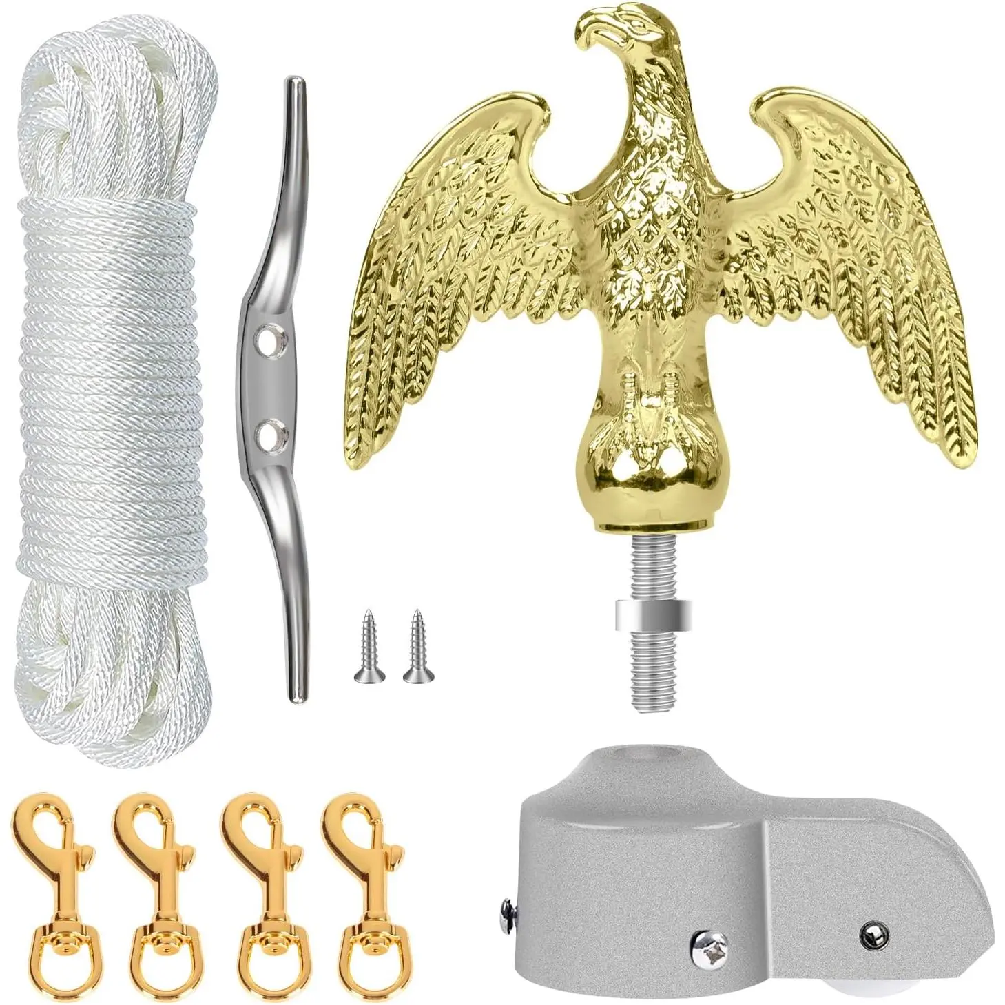 Flagpole Hardware Repair Parts Kit,50FT Halyard Rope+7" Eagle Topper+6" Zinc Alloy Cleat+4 PCS Metal Swivel Snap Clips+Aluminum Alloy Flagpole Truck with Pulley for 1.6"-2" Flag Poles(Gold)