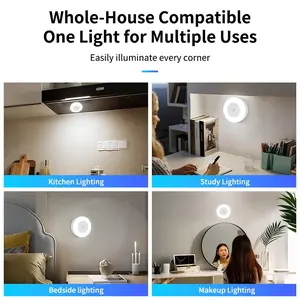 Rechargeable USB Round LED Light, Motion-Activated Night Light, Illuminated Night Light, Motion Sensor Lamp, USB Powered Lamp, 3000K Warm Light, Magnetic Mounting, Portable Bedside Lamp, For Kitchen, Hallway, Bathroom, Stairs, Nighttime Use