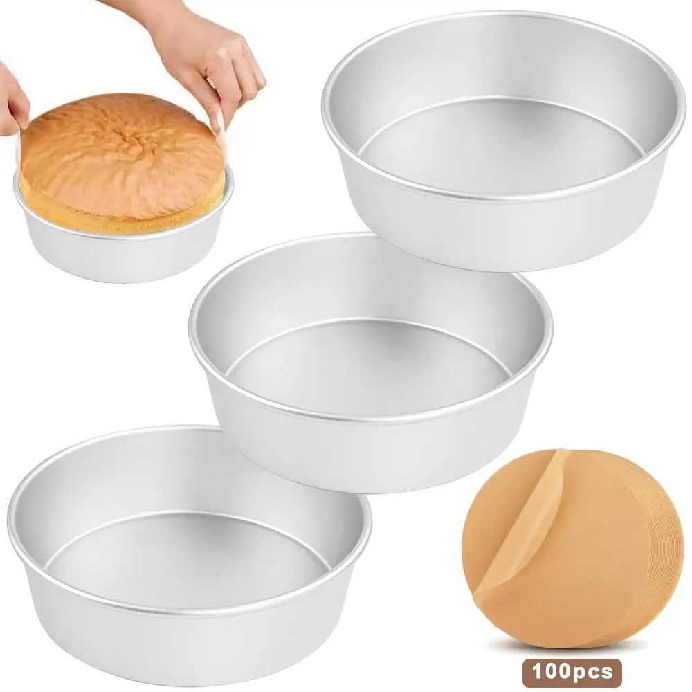 Aluminum Alloy Circular Cake Baking Molds (3 Pcs, 6x3 in) with 100 Pcs 6-Inch Parchment Paper Trays, Suitable for Chiffon Cakes
