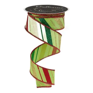 1.5" x 10yd Multi Diagonal Stripe Ribbon – Lime/Red/Gold/Emerald