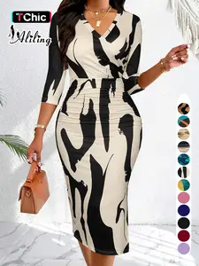 Aliling Women's Dress Valentine's Day Women's Clothing Summer Thin Elegant Midi V-Neck Half Sleeve Geometric Print Ruched Slim-Fitting Dress