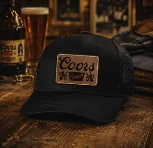 Coors Banquet Leather Patch Trucker Hat Classic Mesh-Back Snapback Unisex Black Hat with Brown Leather Patch Adjustable Closure OSFA