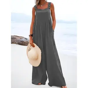 【 plus size 】 Solid color pleated button jumpsuit, summer casual sleeveless wide leg workwear, women's daily clothingRAIMENTRY