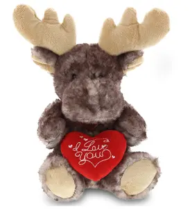 DOLLIBU Embroidered Polyester Plush Sitting Moose Stuffed Toy - Super Soft, with Red "I Love You" Heart, Romantic Bedroom Accessories for Adults, Bedroom Decorative Accessory