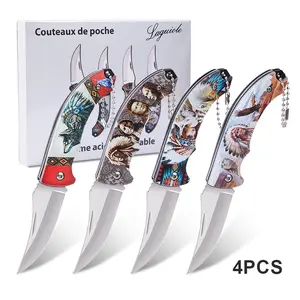 4Pcs Native American Style Folding Pocket Knife Set, Stainless Steel Utility Knives with Printed Handles, Portable Keychain Knives for Daily Use & Collection fold knife