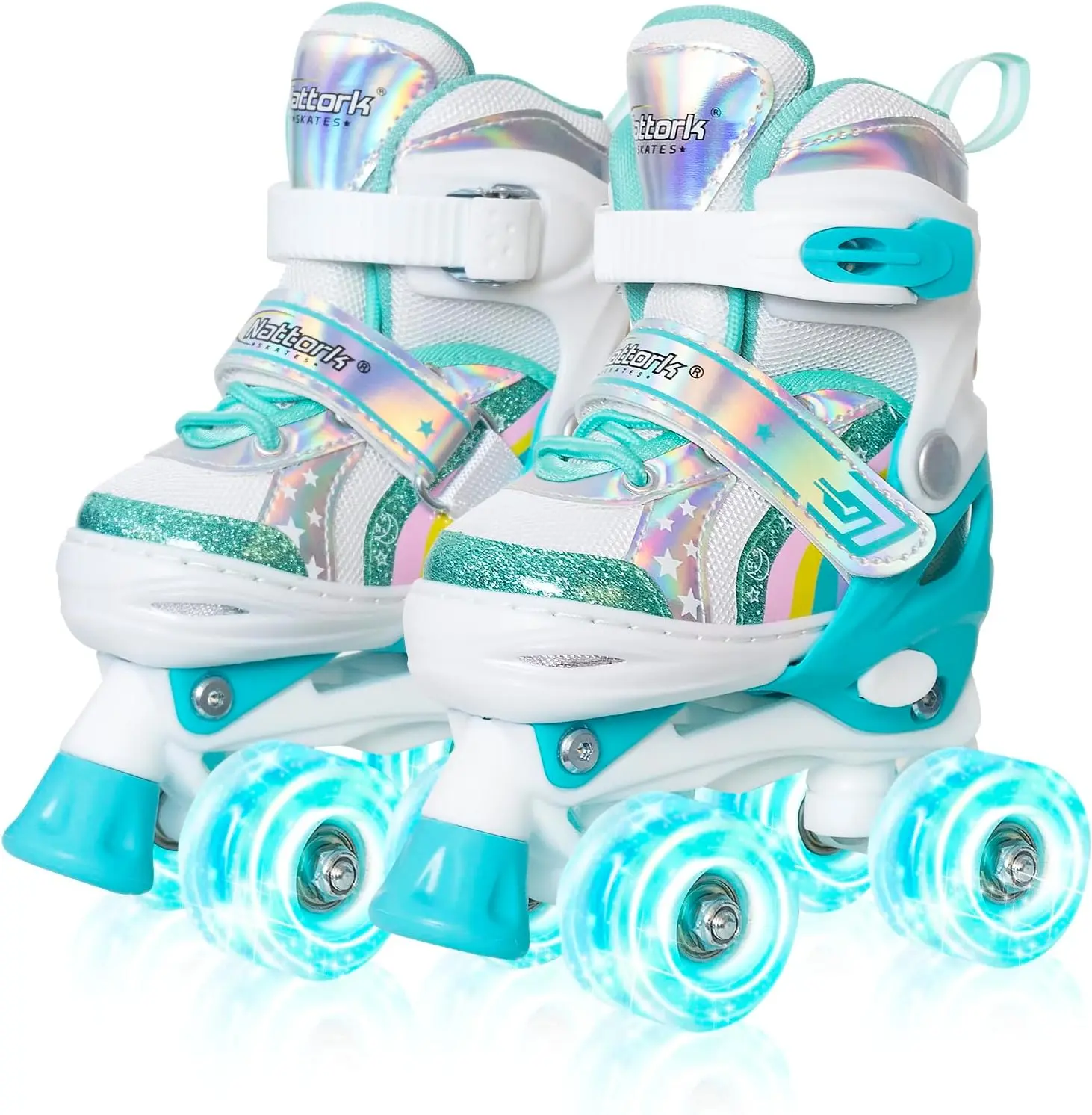 Nattork Girls' Quad Roller Skates for Children - 4 Size Adjustable, All Glowing Wheels, Fun Roller Skating Equipment, Ideal Outdoor Sports Birthday Gift, Toesafe Padding, Lights-Up Wheels Roller Skates