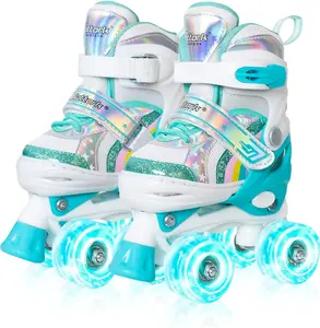 Nattork Girls Roller Skates for Kids, 4 Size Adjustable Rainbow Quad Skates with All Light Up Wheels - Best Birthday Gift for Outdoor Sports