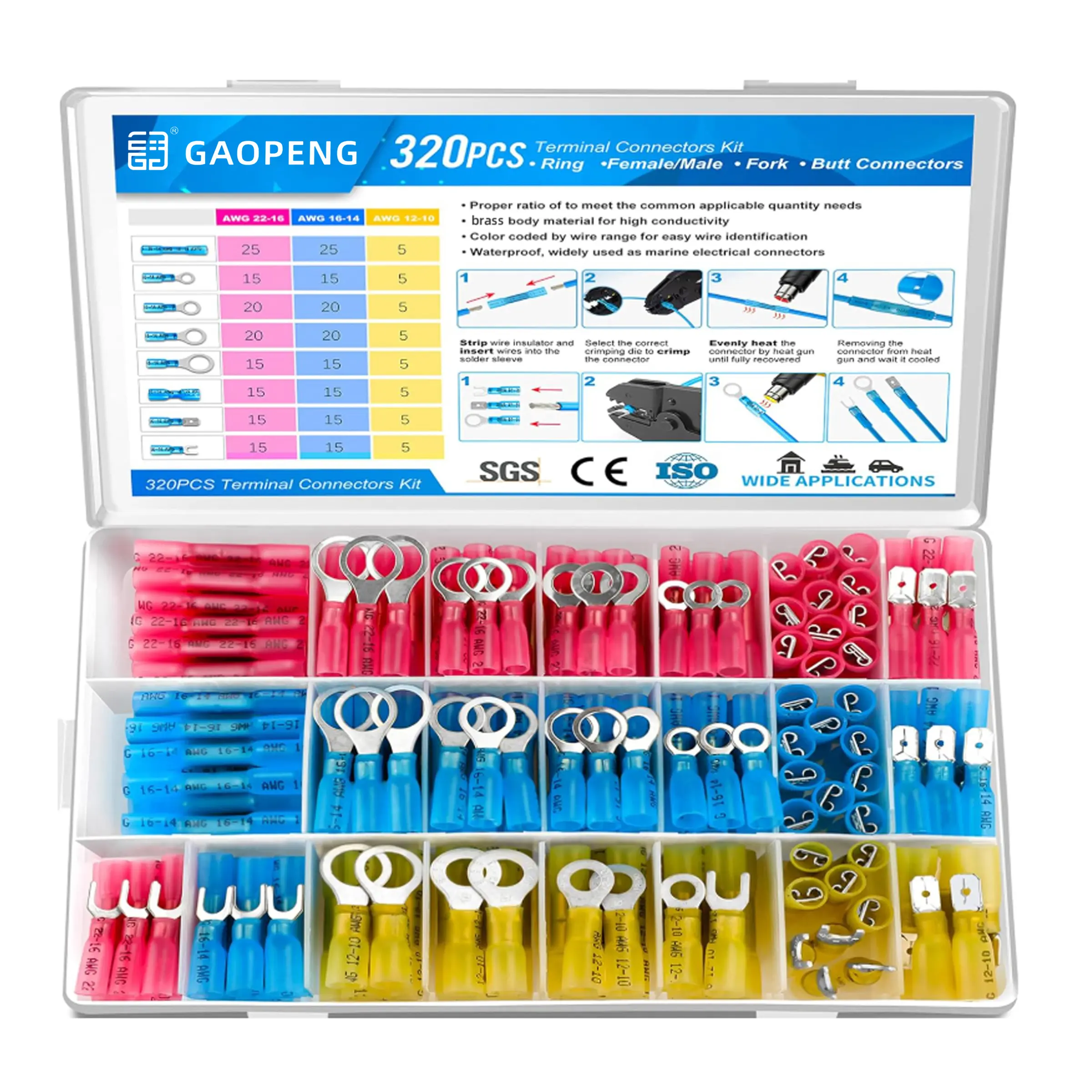320PCS Heat Shrink Wire Connectors Kit, Electrical Waterproof Crimp Butt Terminals, Insulated Spade Connectors for Automotive Marine Boat Truck, Include Rings Forks Spade Butt Splices, Durable Reliable Connectors, Wiring Connectors Kit