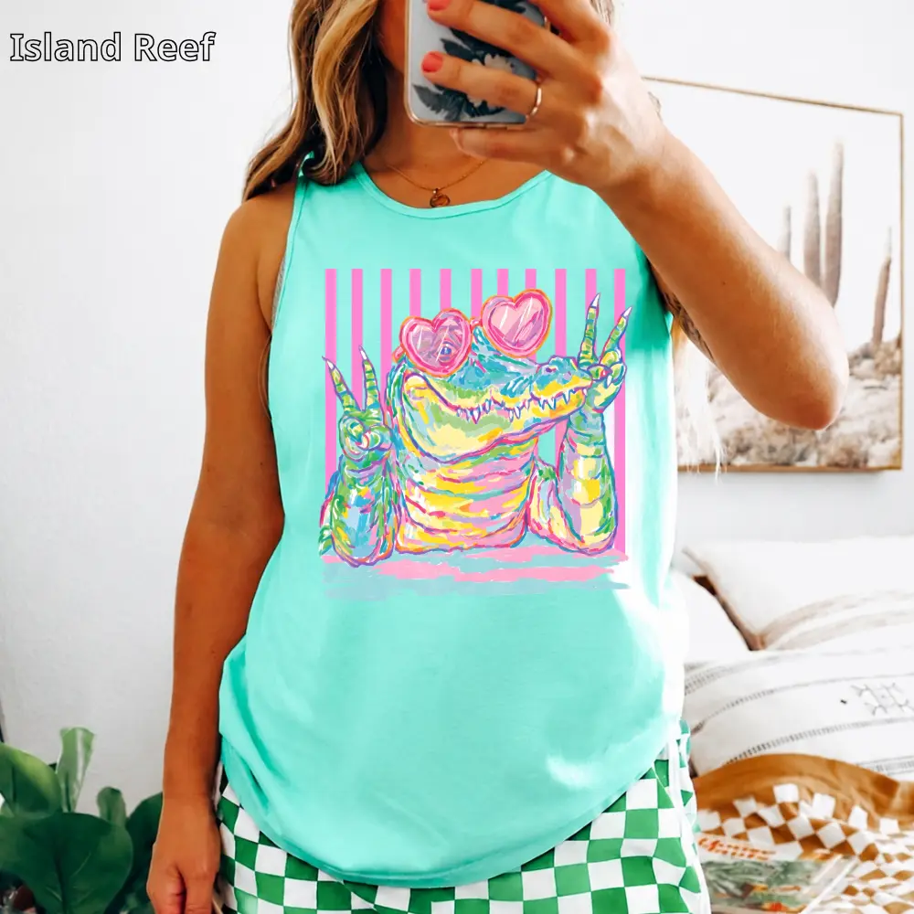 Tank Top Comfort Colors Preppy Crocodile, Alligator with Heart Sunglasses Graphic Tee, Girly Summer Animal T-Shirt, Trendy Kids Graphic Tee Gift