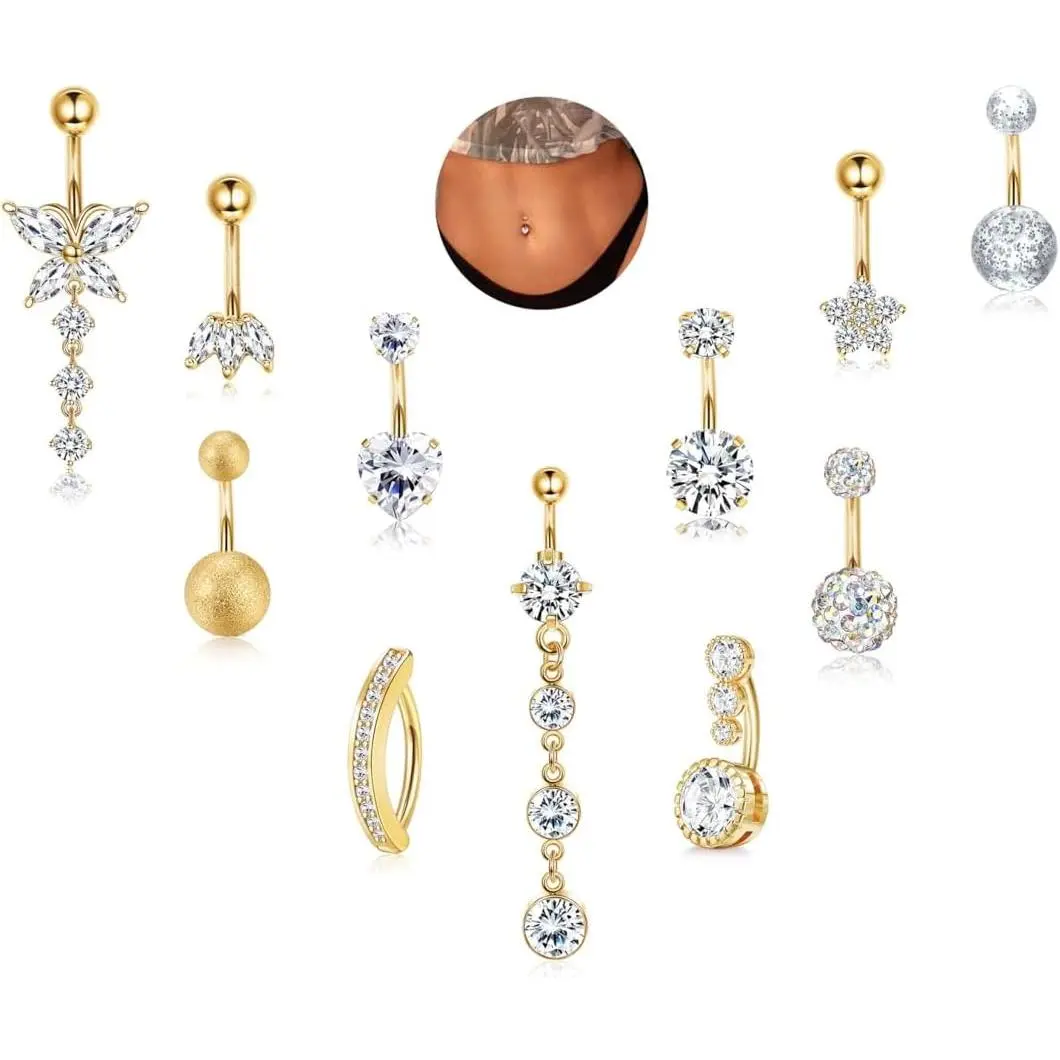 11 count   Button Ring - Surgical Stainless Steel 14G Navel  Button    Dangle  Rings for Women /