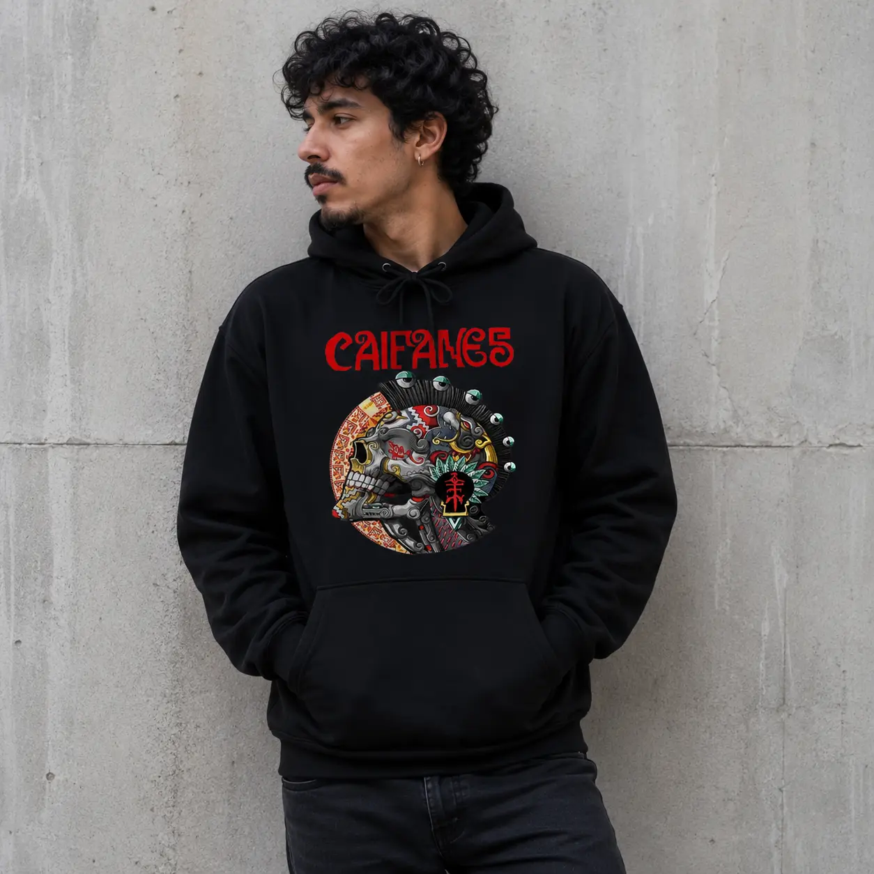 Caifanes Aztec Skull Graphic Hoodie Fleece Fabric Casual Hooded Sweatshirt Trendy Tops Perfect Gift