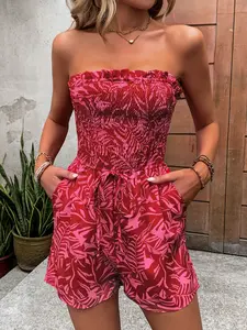 Women's Floral Print Geometric Frill Trim Shirred Tube Romper, Boho Tie Front Pocket Strapless Sleeveless Romper for Summer, Fashion Women's Clothes For Beach Holiday Vacation