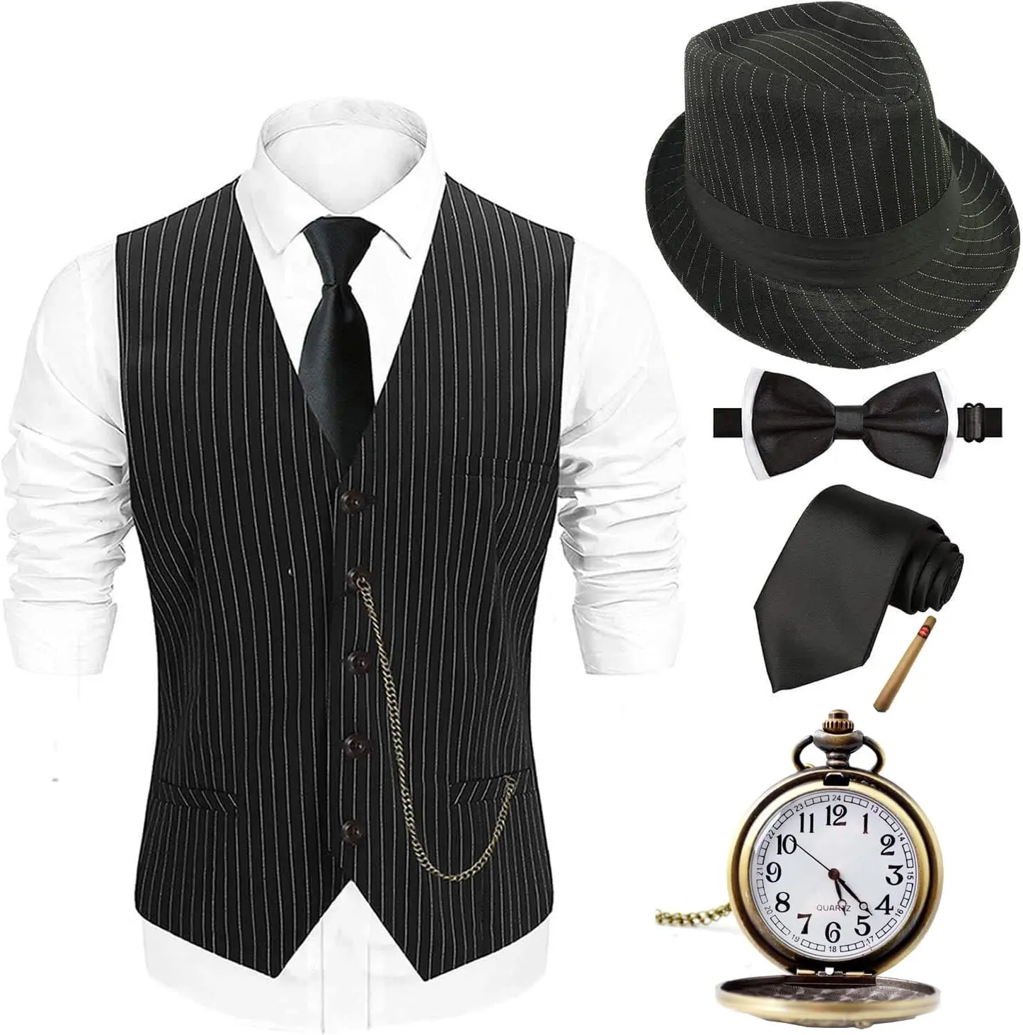 Men's 1920s Gatsby Gangster Costume Set - Vintage Vest, Pre-Tied Bow Tie, Pocket Watch for Special Occasions