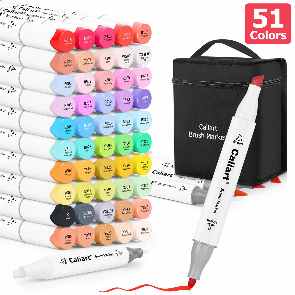 Caliart Official 51-Color Alcohol-Based Artist Markers, Dual-Tip Brush Tip Set, Premium Colorful Double Tipped Art Drawing Supplies Kit, Permanent Colored Pens for Adult Coloring, Teacher Gift Office Art Supplies, Colorful Art Supplies, Premium Art Suppli