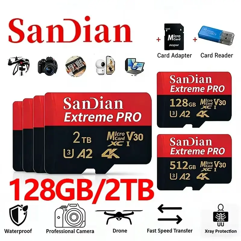 Class 10 U3 V30 Waterproof Memory SD Cards with USB Adapter 128GB 512GB High Speed Micro TF/SD Card for Phone Laptop Camera