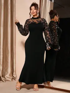 Cravure Plus Size Black Fishtail Dress High Neck Lantern Sleeve | Elegant Sequin Embroidered Evening Gown for Parties & Special Events