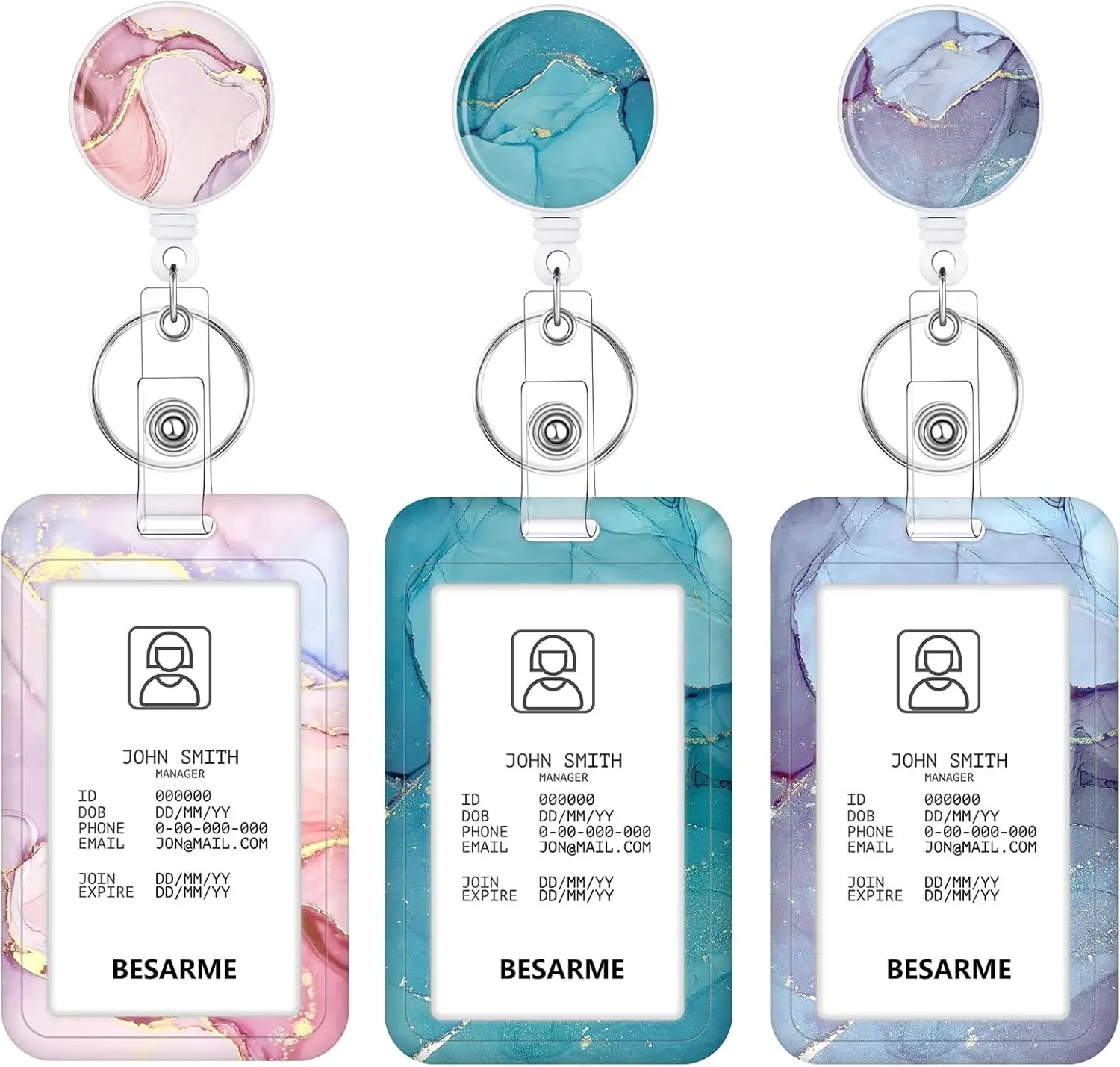 3 Pack Marble Retractable Badge Holder Set with Vertical ID Holder | Fits 2 standard cards, 24 in retractable reel, durable plastic holder, clip-on design, for teachers, nurses, office staff