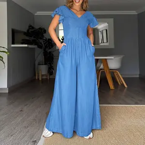 ChicMe Women's V-Neck Flutter Sleeve Cinched Waist Wide Leg Denim Look Overalls Casual High Waist Backless Shirred Back Jumpsuit