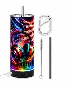 20oz LED Bluetooth Speaker Tumbler Light Up Cup with Straw Stainless Steel Gift American Flag Design
