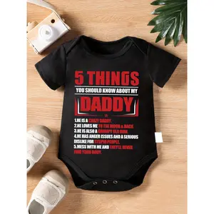 Unisex Baby Cotton Onesie - Lightweight, Soft, Comfortable Short-Sleeve Bodysuit with Slogan "5 Things You Should Know about My Daddy" Bold Red & White Letter Print, Black, for Newborns, Perfect for Outdoor Use, Baby Items, Newborn Baby