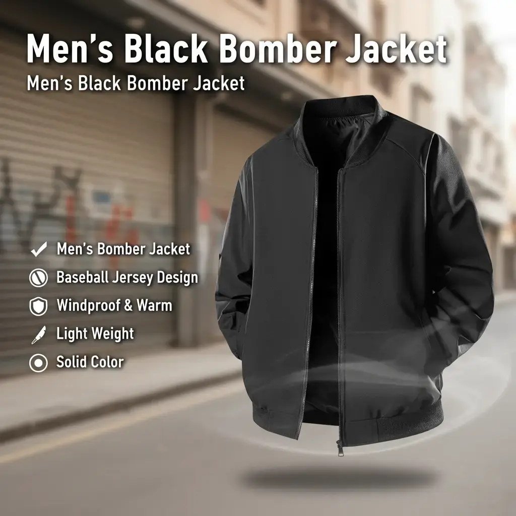 Men's Black Bomber Jacket Trendy Baseball Jersey Design Fashionable Comfortable Outerwear Perfect for Casual Street Style Everyday Wear Windproof Warm Gift Lightweight Top Sports Solid Color Coats Stylish