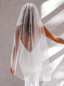 Bridal Wedding Veil with Faux Pearls, Cathedral Pearl Tip Bridal Veil, Small Chapel Pearl Tip Veil, Elegant Bride Accessory, Trailing Veil