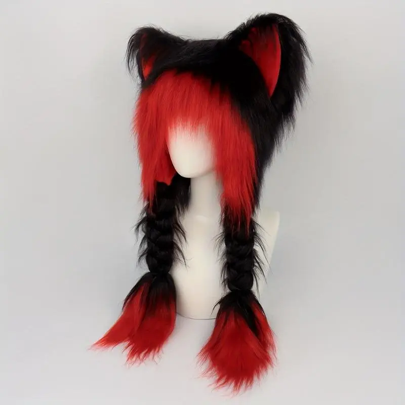 1pcs Y2K Aesthetic Anime Inspired Cute Cat Ears Plush Hat with Braids, Winter Warm Fluffy Ear Protective Hat, Halloween Cosplay Accessory, Perfect for Carnival, Easter Costume Masks