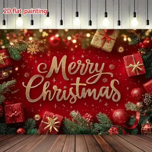 2D Flat, 1-Piece Merry Christmas Party Banner - Bright red polyester with gold "Merry Christmas" text, suitable for indoor and outdoor holiday decorations, perfect for winter celebrations, Christmas decorations, and the best for Christmas.