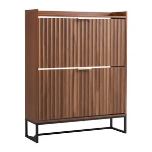 Shoe Cabinet With 2 Flip Drawers, Space-Saving Mid-Century Shoes Storage Cabinet With Anti-Tipping Device, Freestanding Fluted Shoe Organizer, Ideal For Entrance, Hallway, Bedroom, Living Room, Walnut
