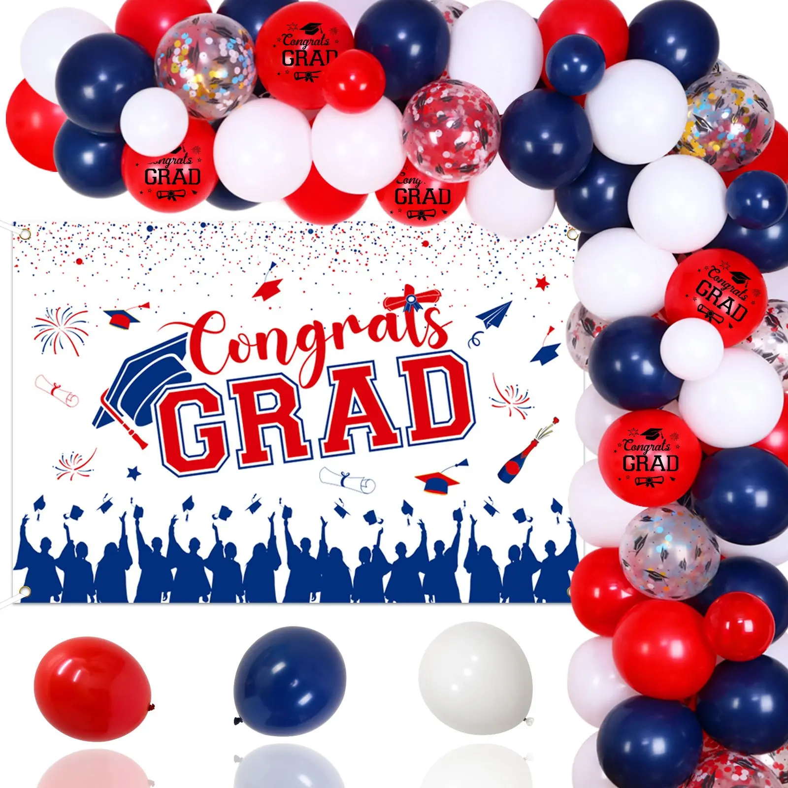 Red & Navy Graduation Party Decor Full Set - Festive Backdrop Banner, Balloon Garland Kit for Grad Celebrations (Home & Festive Party Supplies)