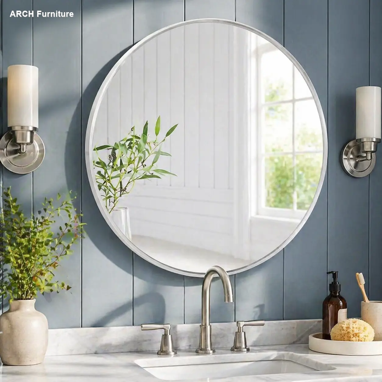 32-Inch Diameter 4mm Shatterproof Glass Circle Decorative Bathroom Mirror, Silver Aluminium Metal Frame, Wall-Mounted Oversized Mirror with MDF Backing, Reinforced Hooks for Modern Home Decor (W2203134063)