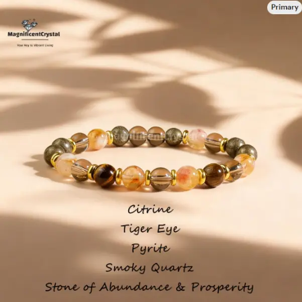 Natural Stones Multi-Stones Crystal Bracelet - Citrine, Tiger's Eye, Smoky Quartz, Pyrite for Wealth Attraction, Career Advancement, Confidence, Emotional Steadiness, Daily Wear with Natural Variance (Costume Jewelry Bracelet)