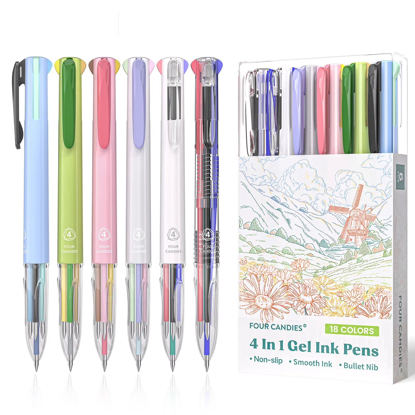 back to school shopping Four Candies Nurse Pen 6 PCS Multicolor Gel Pens 0.5mm 4-in-1 Ink for Office School & Back to School Supplies 18Colors Retractable Ergonomic Design Blue White Pink Black