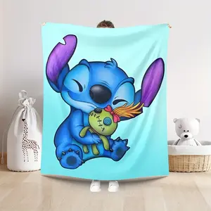 DISNEY CLASSIC Stitch Flannel Blanket – Soft, Warm, and Cozy Cartoon Print with Stitch & Plush Toy Design – Perfect for Sofa, Bed, Car, Office, or Camping