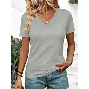 Colored cotton V-neck short-sleeve T-shirt, casual fit with solid color pattern, suitable for all seasons, comfortable and stylish