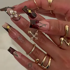 24 Pcs 3D Amber Square False Nails, 3D Cherry Blossom Design, Nail Art Design, Gold Star & Pearl Decor, Glossy, Reusable, Free Jelly Glue & Nail File